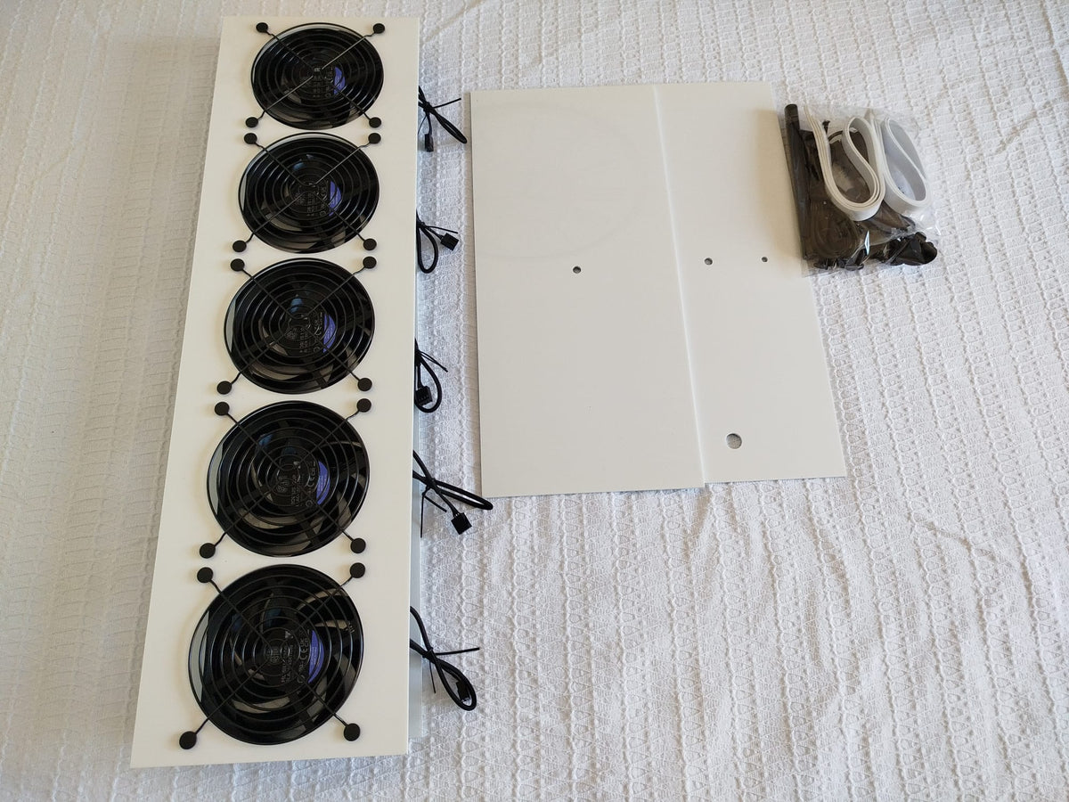 Luggable pre-assembly service — 5 fans mounted and wired on the white acrylic fan plate